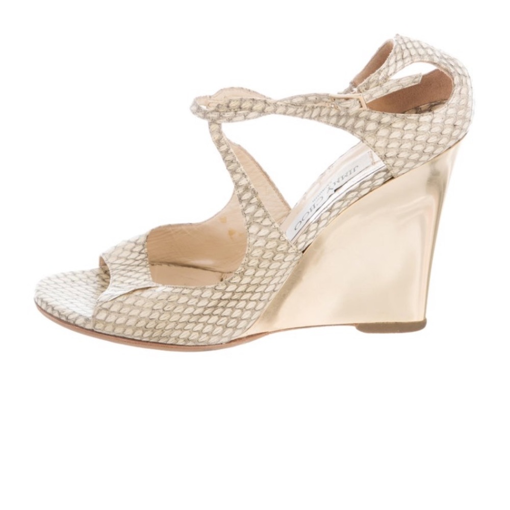 Jimmy Choo snakeskin wedge sandals w gold heel